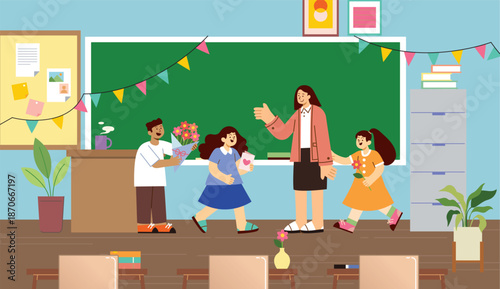 Happy teachers day holiday scene classroom student study learning