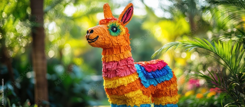 Fototapeta premium Llama pi?ata in tropical garden; festive party