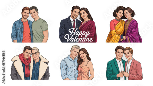 A Spectrum of Love: Six illustrations depict diverse couples embracing, showcasing the beauty of love in various forms and celebrating Valentine's Day.