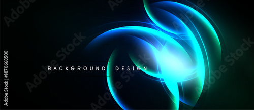 Abstract glowing shapes overlap dark background. Blue, green hues create dynamic visual effect. Modern design element.