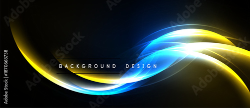 Abstract design features vibrant yellow, blue light curves. Dark background emphasizes flowing energy, modern aesthetic. Simple text overlay present.