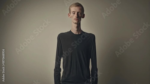 Medical video portrait of a tall, slender young adult with long limbs and fingers, subtle physical traits associated with Marfan syndrome, neutral facial expression