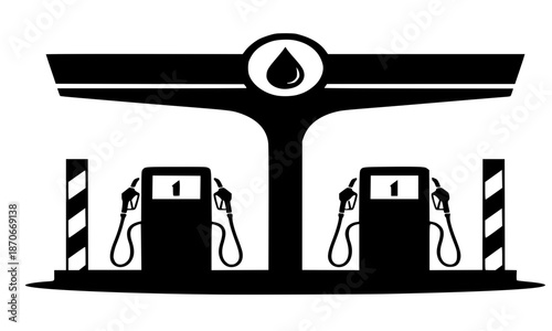 Black Silhouette of Gas Station with Fuel Pumps and Canopy, Petrol Station Outline, Fueling Area Scene