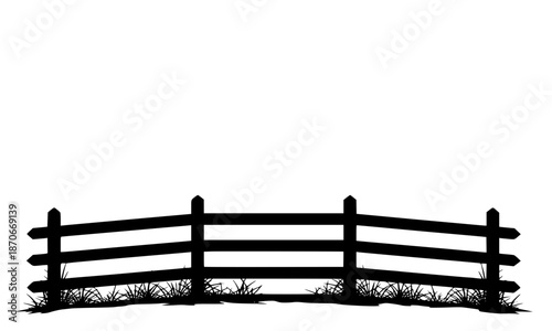 Black Silhouette of Curved Rustic Split Rail Fence with Grass, Country Farm Boundary Outline, Western Ranch Style