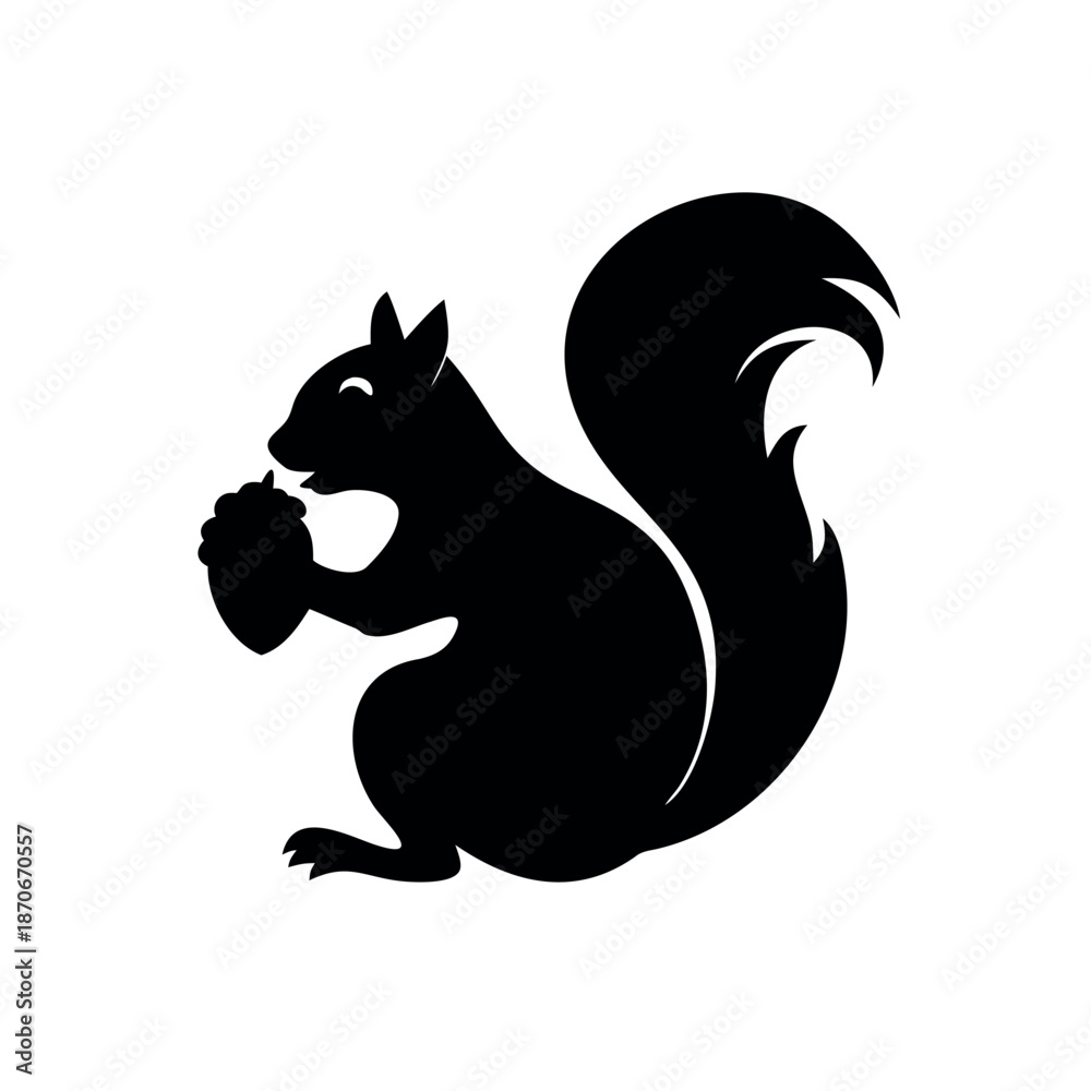 Fototapeta premium Happy squirrel silhouette holding an acorn in cheerful friendly animal pose On white Background Vector illustration