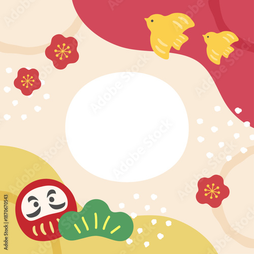 1月のバナー、和風の正方形バナー、だるまと松竹梅、千鳥のかわいいイラスト・コピースペースあり