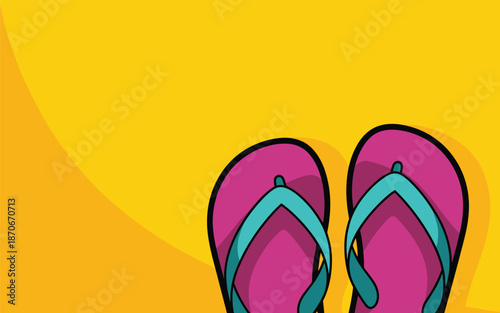 A pair of vibrant pink flip-flops on a bright yellow background viewed from above