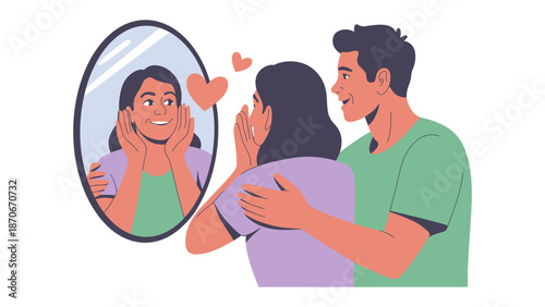 Love and Reflection: A tender moment captured between a couple in front of a mirror, where reflection and love intertwine to create a beautiful intimate scene. 