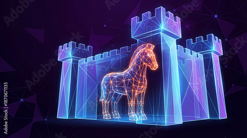 Trojan Horse: A digital representation of a Trojan horse inside a secure wall, visualizing the concept of cyber threats and network security, with a focus on defense.