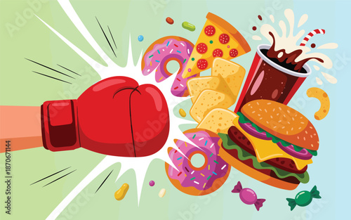 A vibrant cartoon fist punch surrounded by assorted junk food on a green background