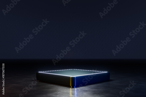 Dark futuristic podium with glowing edges