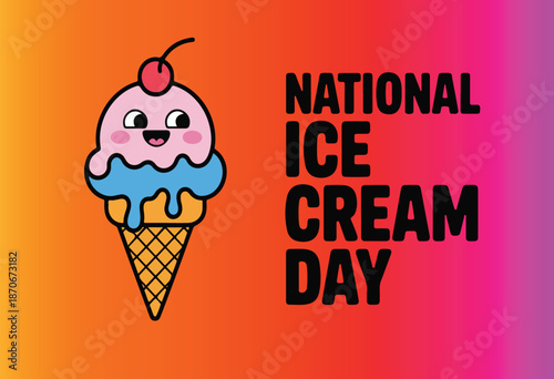 A vibrant and colorful illustration of an ice cream cone with a playful face.