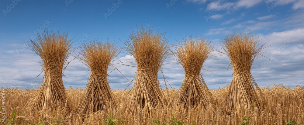Naklejka premium Golden bundles of harvested wheat stand proudly representing the rewards of hard work.