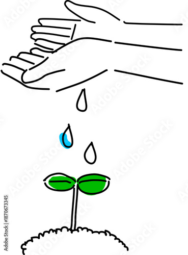 双葉に水をやる手元、成長・育成・自己投資