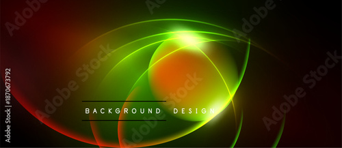 Abstract vibrant design features glowing curves, gradients. Dark background enhances bright colors, creating dynamic visual effect.