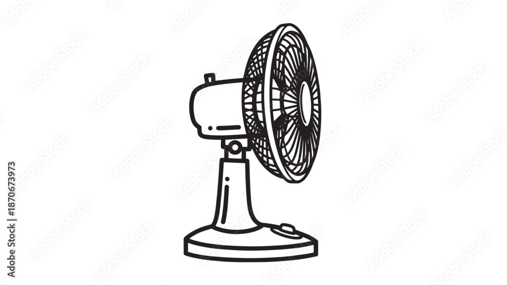 Obraz premium Illustrated black and white desk fan on a stand, vintage mechanical design.