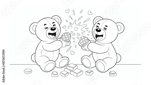 Sweethearts' Celebration: Two adorable teddy bears, filled with infectious joy, share delightful moments with heart-shaped treats amidst a flurry of love and sweetness. 