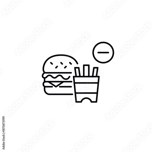 French fries, hamburger meal and minus. No unhealthy takeaway food. Position unavailable, remove from order. Pixel perfect, editable stroke vector icon