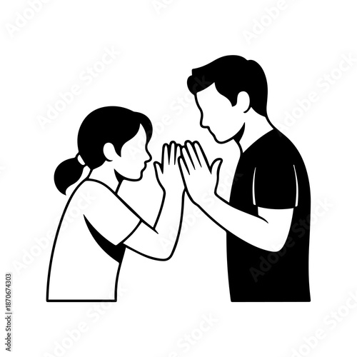 Connected Whispers: A monochrome illustration showing two figures engaged in a clandestine communication, hands lightly touching in a moment of hushed intimacy and secret sharing.