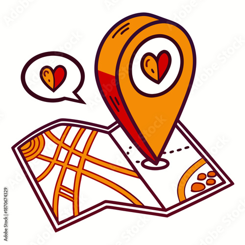Stylized illustration depicting a brightly colored map pin marking a favorite location with a small heart symbol indicating love or preference on a folded paper map