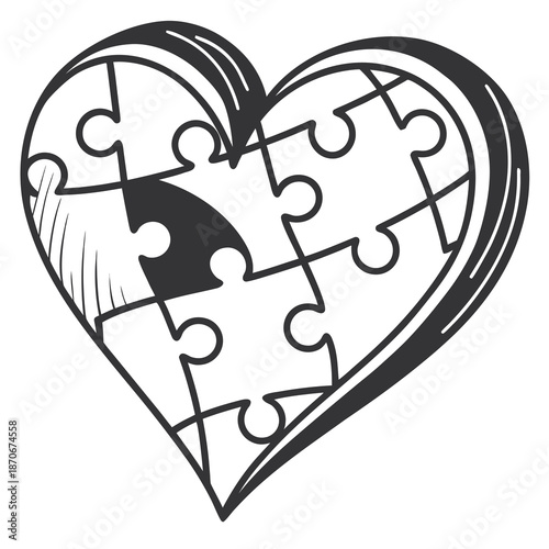 Hand drawn black and white heart shape ingeniously constructed from interlocking puzzle pieces symbolizing connection understanding and love