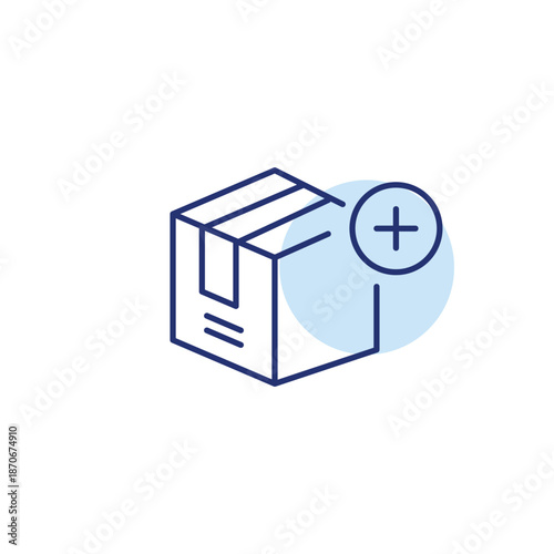 Delivery box and plus symbol. Package list update. Pixel perfect, editable stroke vector icon