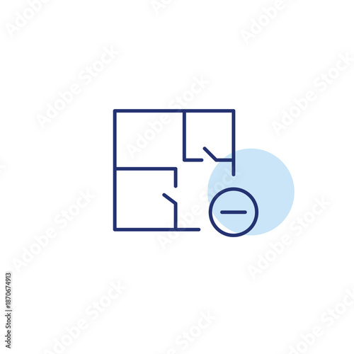 Apartment blueprint and minus symbol. Design plan removed, property development cancelled. Pixel perfect, editable stroke vector icon