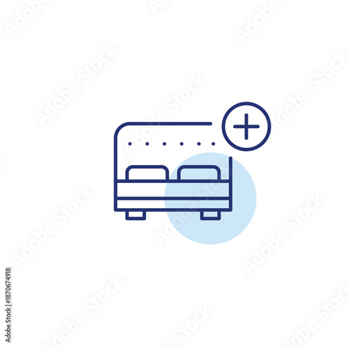 Hotel room upgrade, rest quality improved. Double bed and plus symbol. Pixel perfect, editable stroke vector icon