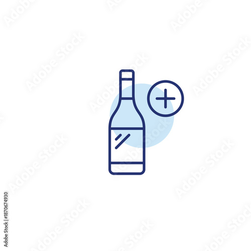 Wine bottle and plus symbol. New alcohol positions, drinking and winery. Pixel perfect, editable stroke vector icon