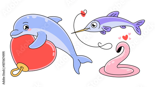 Love Blooms in the Ocean: Animated dolphins, fish, and swan themed with heart-shaped elements, portraying the gentle concept of affection and care, create a sweet imagery.