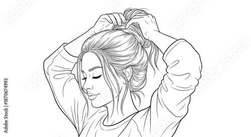 Woman tying hair with relaxed expression, line art style