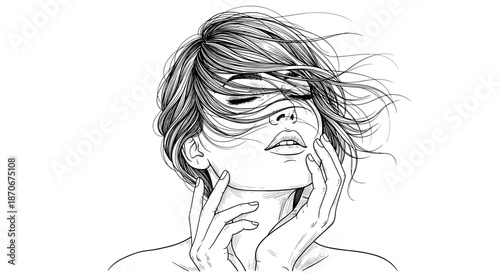 Woman with windswept hair touching face, eyes closed, line art style