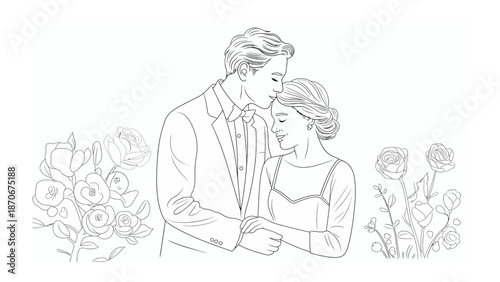 Romantic Embrace with Floral Delights: A tender moment unfolds as a couple shares an intimate embrace, their silhouettes framed by delicate floral arrangements, embodying a timeless romance.