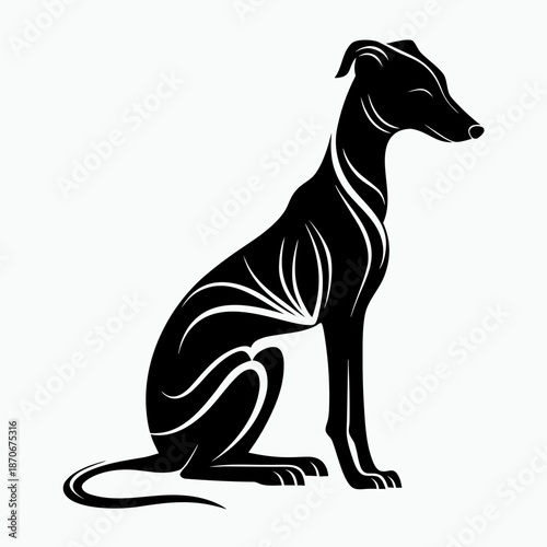 Stylized greyhound dog illustration in black and white sitting gracefully  