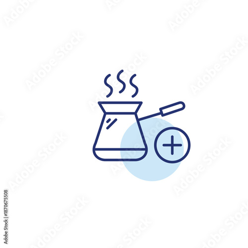 Add drinks do menu. Caffeine boost. Cezve for making coffee and plus symbol. Pixel perfect, editable stroke vector icon