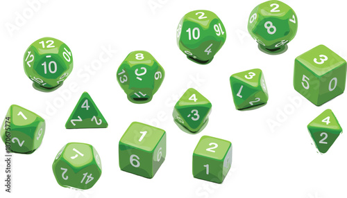 Green polyhedral dice vector illustration set with tabletop gaming dice, role playing game elements, and numbered cubes isolated