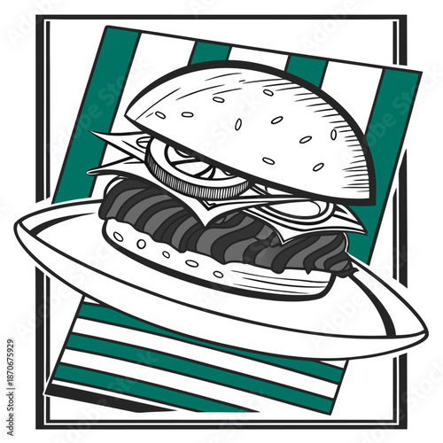 Hamburger illustration depicts a stacked beef patty sandwich with cheese, tomato, and lettuce on a plate over striped background.