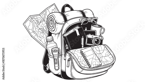 Illustrated backpack with camera gear, maps, and notebook ready for travel and adventure.