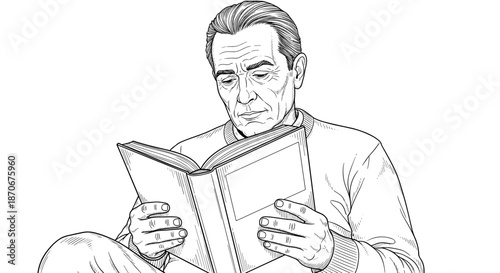 Older man reading a book with focused expression, line art style