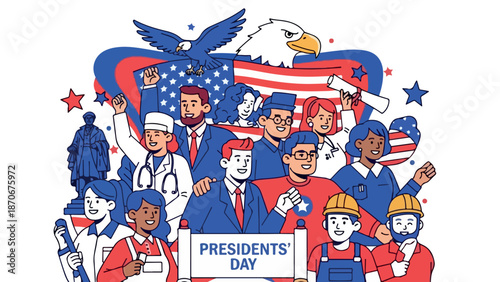 Diverse group of people celebrating Presidents Day with patriotic symbols 1.