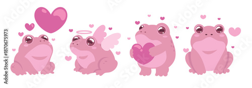 Cute Pink Frog Clipart Set with Hearts – Valentine Cartoon Animal