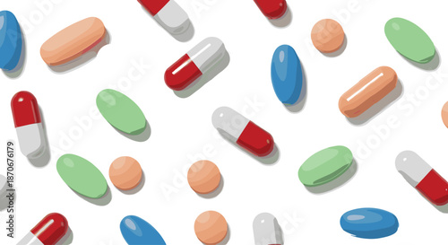 Colorful pills and capsules vector illustration pattern with medicines, tablets, and pharmaceutical healthcare elements isolated on white
