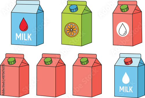 Drink carton packaging vector illustration set with milk and juice boxes, colorful beverage containers isolated on white