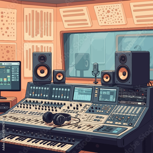 Music studio featuring mixing console, speakers, and computer for recording sessions 
