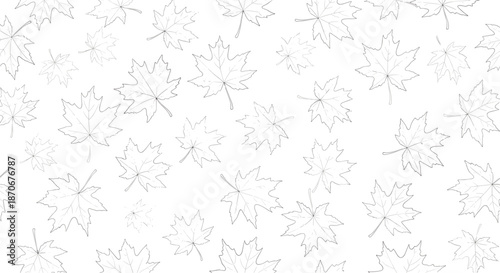 Seamless pattern of scattered maple leaves in a simple black and white dotted line art style creating a subtle autumn background.