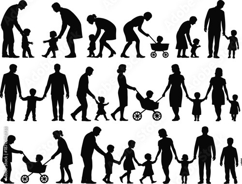 Family silhouettes parents and children walking holding hands pushing stroller, parenting lifecycle concept illustration isolated on white background collection design