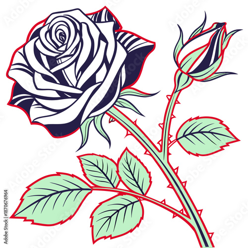 Stylized graphic illustration featuring a fully bloomed dark rose next to an unopened bud on a thorny green stem with attached leaves