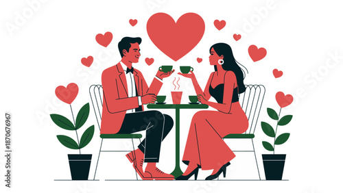 A Romantic Date in Cafe: A couple shares a tender moment, enjoying beverages amidst a backdrop of hearts and blossoming love. Capturing the essence of romance and affection.