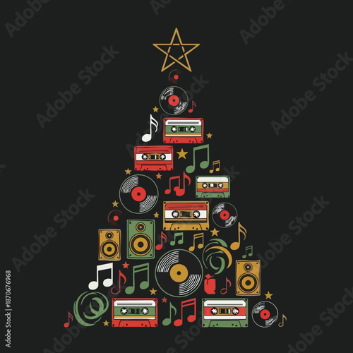 Christmas tree design made of music elements like records and cassette tapes for festive celebration 
