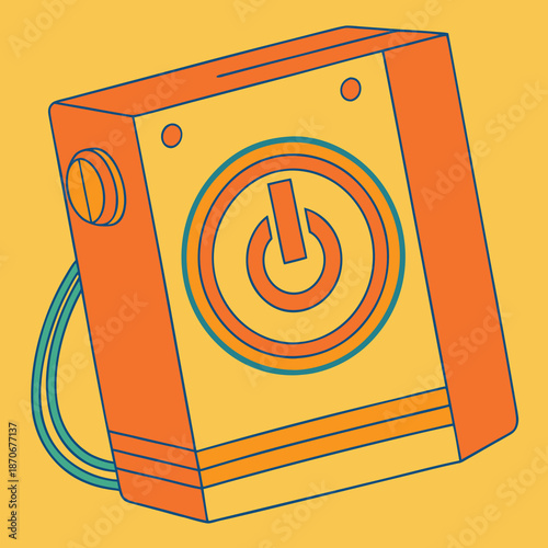 Stylized illustration of a portable power bank device featuring a prominent circular power symbol against a bright yellow background